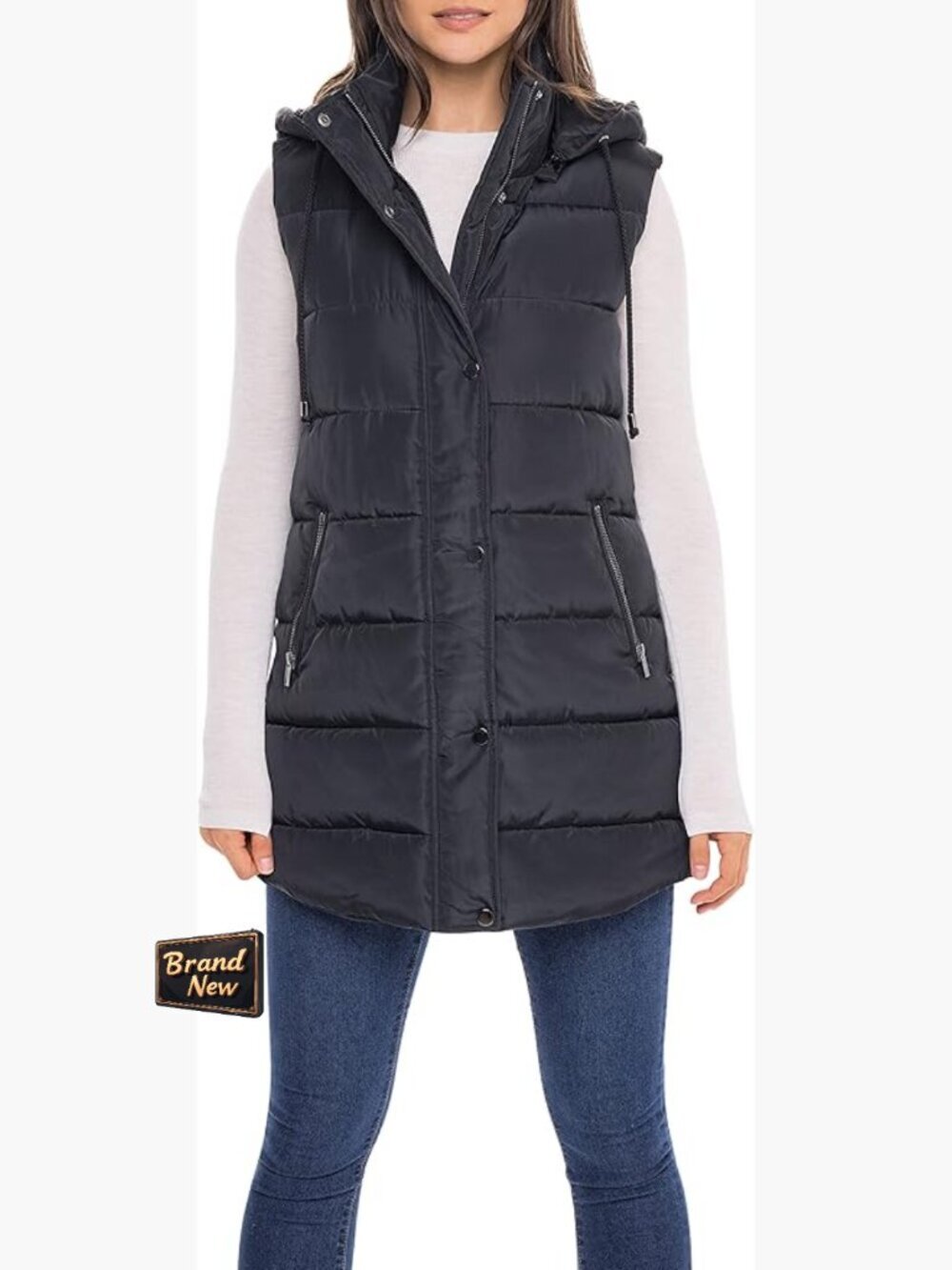 Long Quilted Puffer Vest with Hood, Sleeveless Winter Outerwear, Zip Pockets,